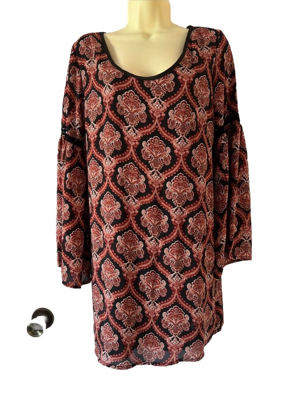 Lovemarks Anthropologie Black Brown Paisley Strappy Back Boho Tunic Mini Dress